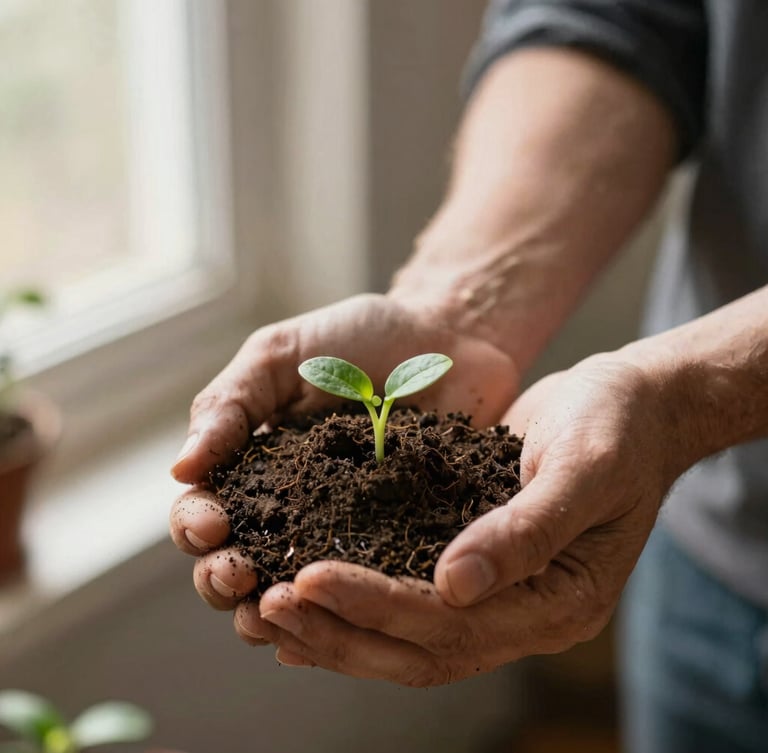 Hands of a farmer holding rich dark soil with small green sprouts, soft natural outdoor light, shallow depth of field, warm editorial style
