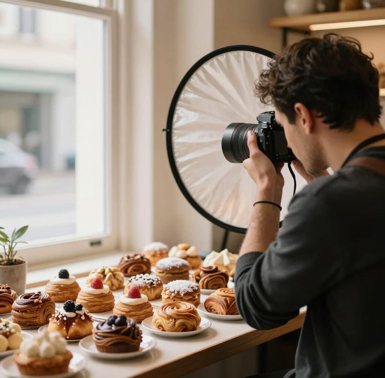 Over-the-shoulder shot of a photographer adjusting a reflector beside a table of artisanal pastries in a sunlit bakery.