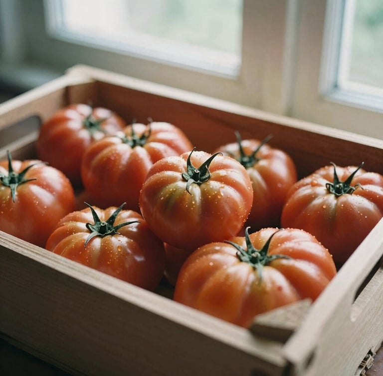 Close-up of freshly harvested heirloom tomatoes in a wooden crate, soft morning window light, rich earthy tones, 35mm film