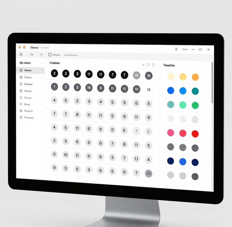 Overhead macro view of a structured design system UI kit on a monitor, displaying typography scales, button states, and color tokens, crisp digital product photography, 50mm
