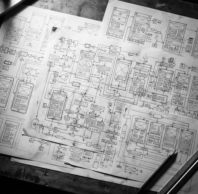 Stark monochrome overhead flat-lay of complex user flow schematics and wireframe blueprints on a drafting table, hard direct light, sharp shadows, macro lens, high contrast