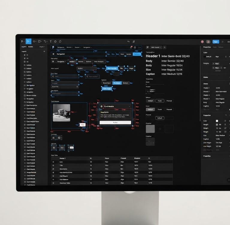 Crisp digital product photography of a dark mode UI design system component library in Figma, showing auto-layout tokens, strict typographic hierarchy, and precise spacing markers, clean minimal studio background, 50mm.