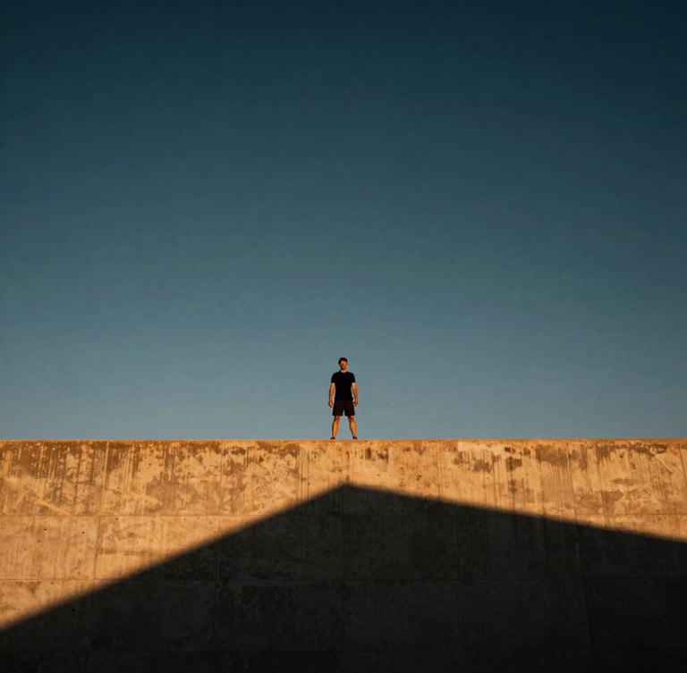 Wide environmental shot of a solitary figure standing at the edge of a massive concrete architectural ledge, open sky, dramatic shadows, athletic energy