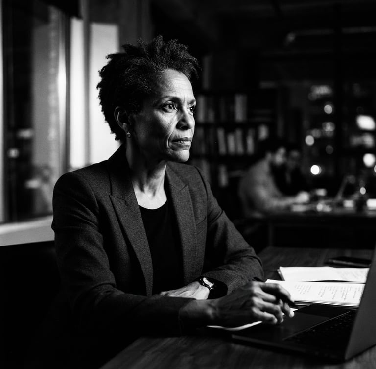 Stark high-contrast black and white portrait of a confident strategist looking off-camera, dramatic side-lighting, deep shadows, 35mm film grain