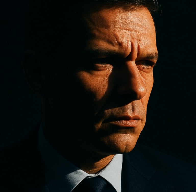A close-up dramatic portrait of a focused executive in deep shadow, side-lit by sharp morning sun, high contrast, intense facial expression, 35mm film grain