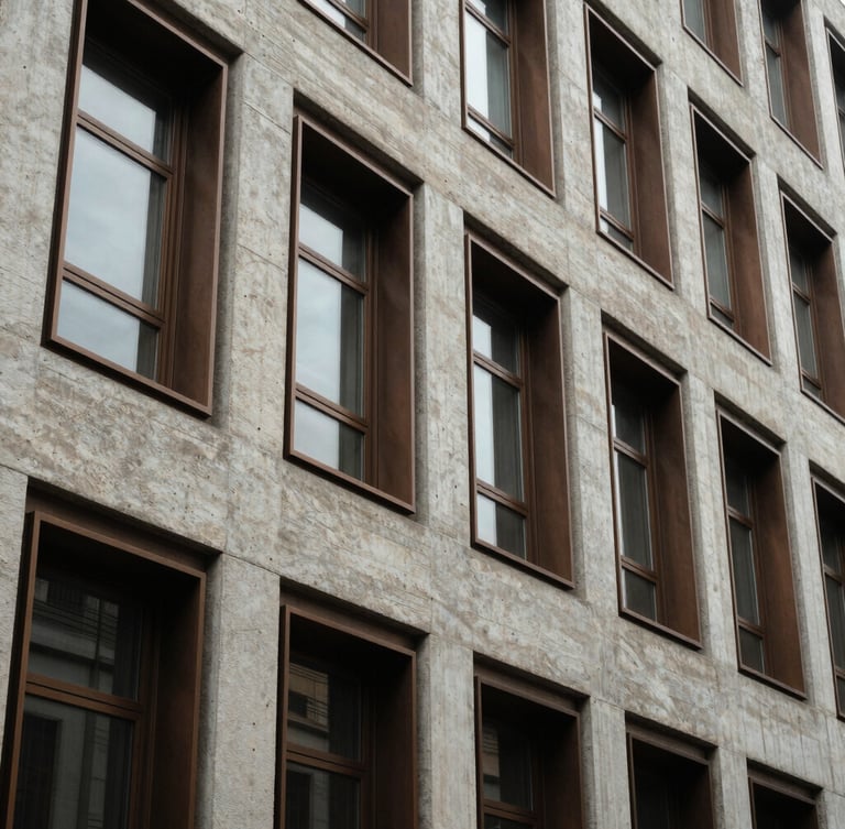 Strict one-point perspective portrait view of a residential building facade showing raw concrete structural columns meeting deep bronze window frames.