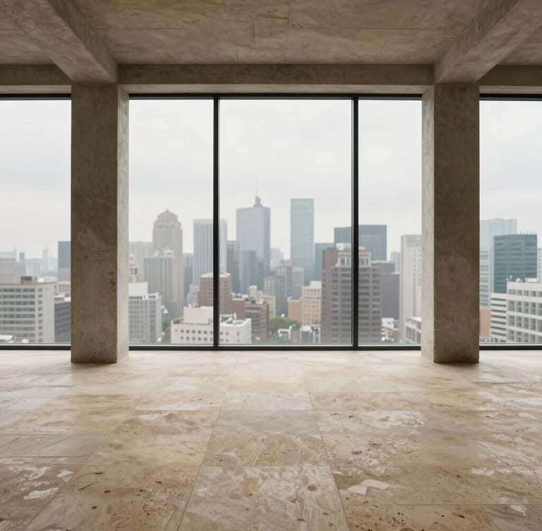A quiet, minimalist living room with raw concrete structural pillars, floor-to-ceiling glass framing a soft overcast city skyline, and warm travertine stone floors.