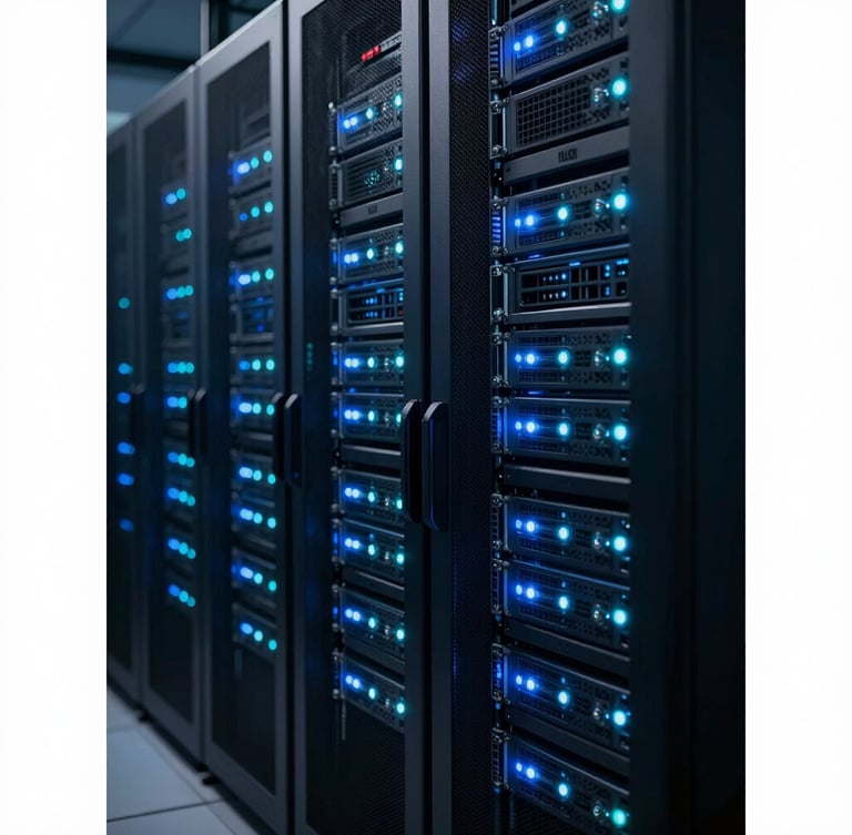 Macro shot of high-security server racks in a dark data center, glowing cool blue and cyan status lights, clean clinical environment, high-contrast tech-noir aesthetic, sharp focus