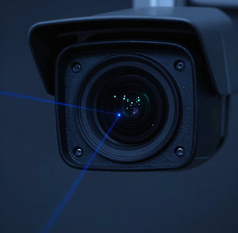 Close-up of a high-tech thermal security camera lens, dark night setting, subtle blue laser telemetry line reflecting on glass, sharp focus