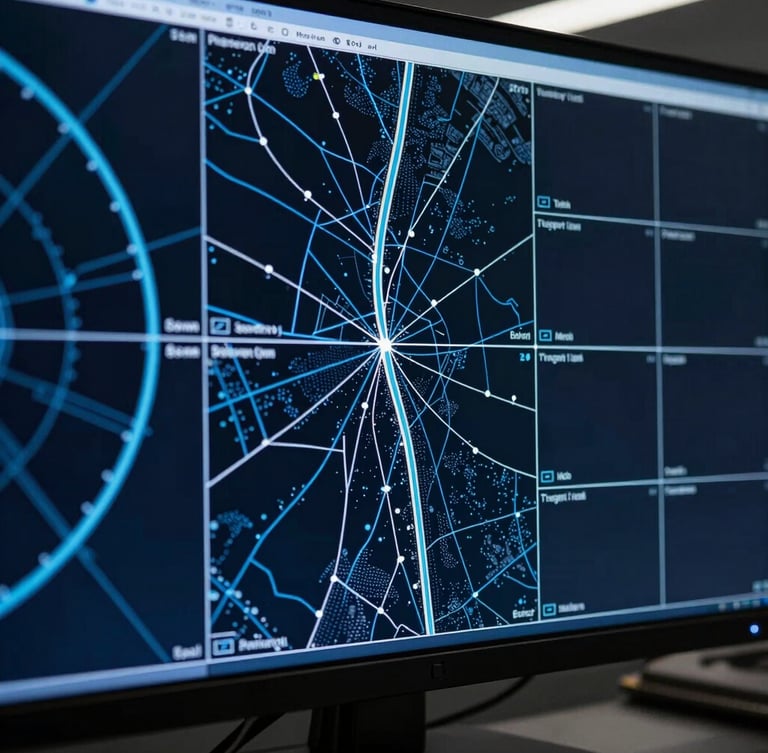 Close-up of a high-tech tactical monitoring screen showing real-time telemetry maps and GPS tracking lines in cool blue tones