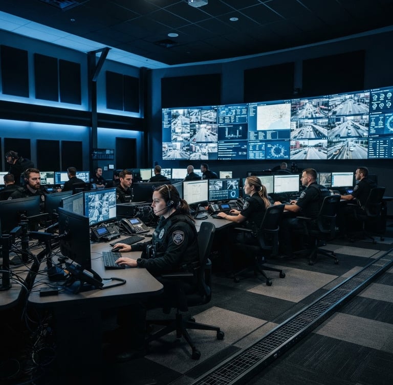Wide cinematic shot of a high-tech security command center, dark obsidian tones, cool blue LED telemetry screens, professional operators in dark tactical gear monitoring video walls in the background, sharp focus, 35mm lens