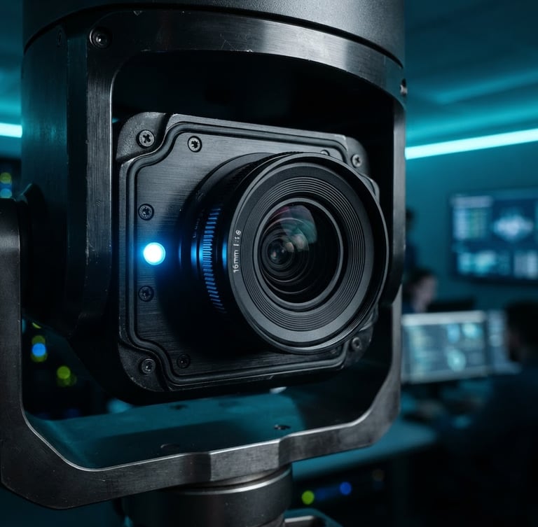 Macro shot of a high-tech security camera optical lens, cool blue LED status indicator light, dark metallic housing, twilight setting, sharp focus, 35mm lens