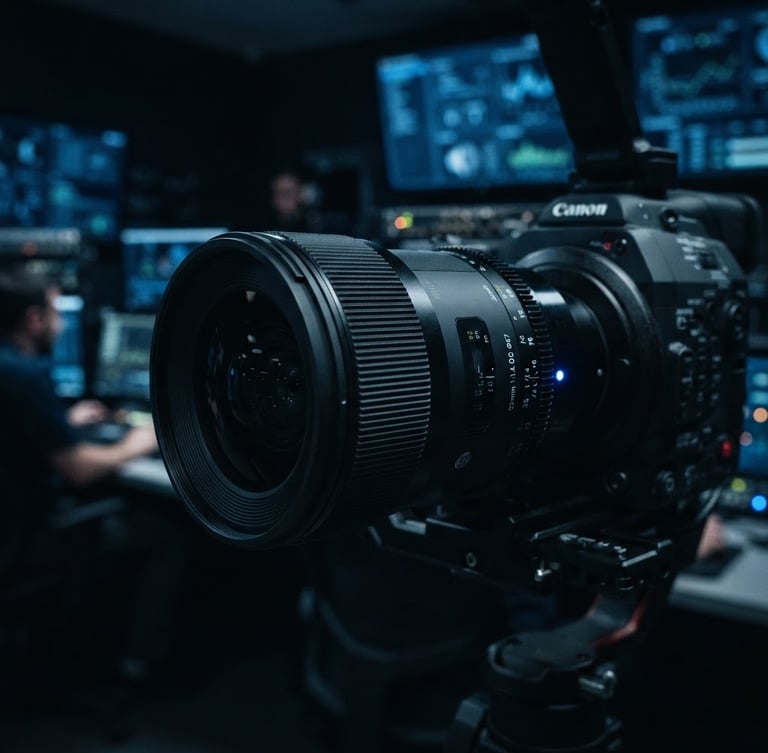 Cinematic macro shot of a high-tech optical camera lens with a glowing blue LED indicator, dark tactical control center background, sharp focus, cool blue telemetry tones, 35mm lens.