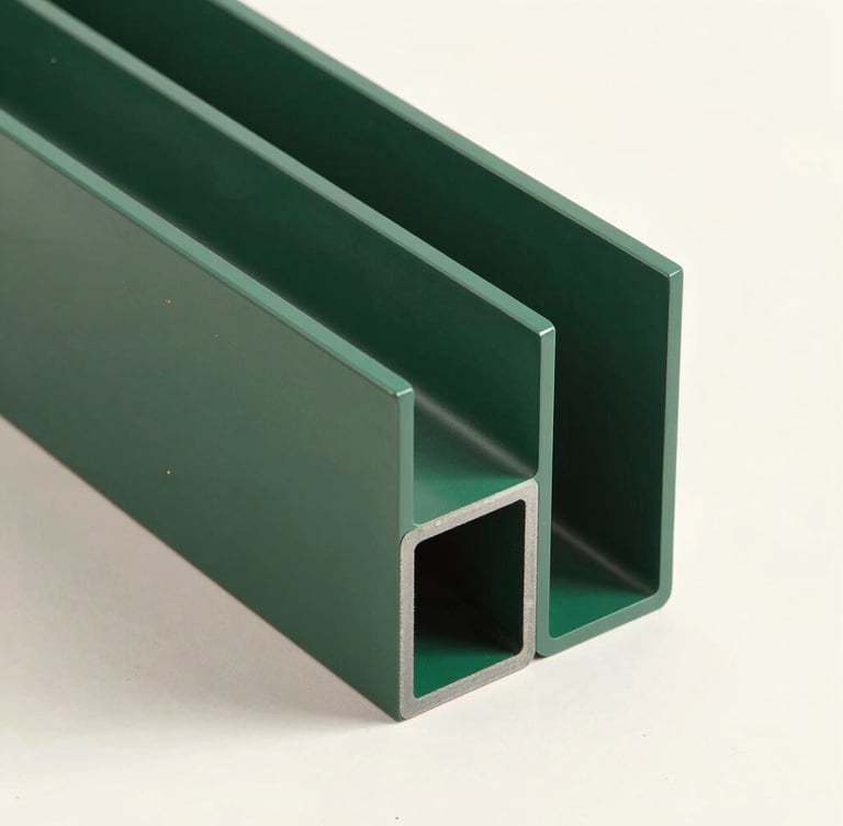 Close-up of a premium architectural metal profile being precision powder-coated in a rich matte forest green finish with subtle gold metallic flecks, clean studio lighting