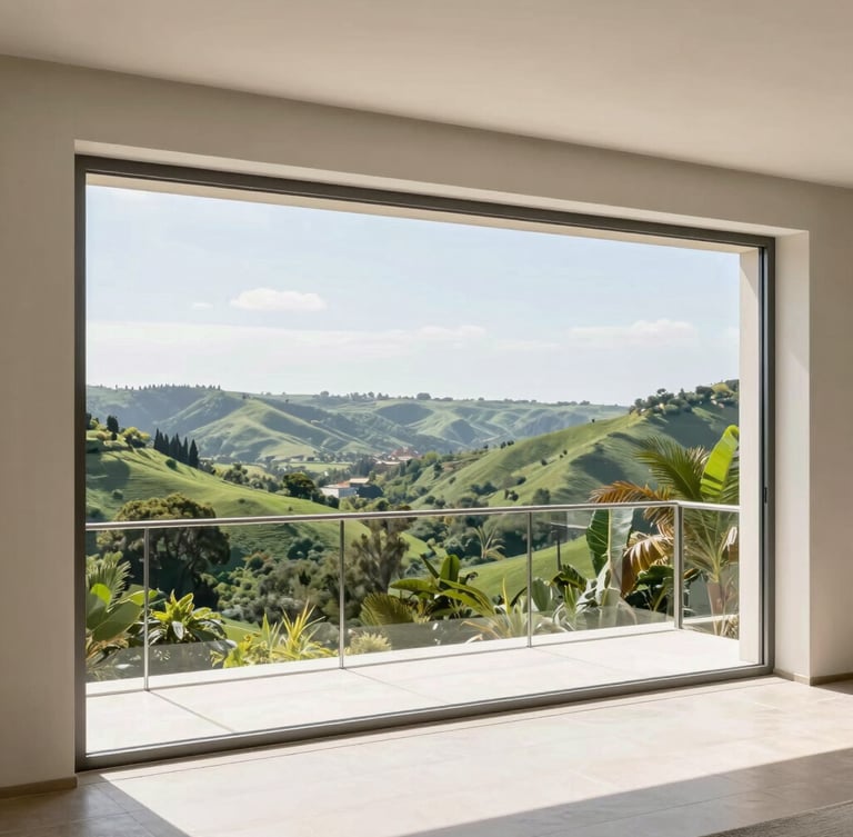 Wide-angle architectural shot of a luxury villa balcony overlooking a lush green valley, with high-tensile stainless steel invisible grills perfectly framed under bright daylight