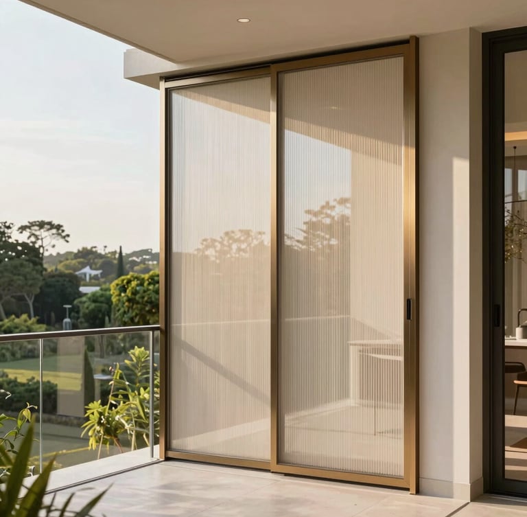 Architectural eye-level shot of a sun-drenched modern villa balcony, high-end pleated mesh screen partially retracted into a slim bronze frame, soft golden hour light filtering through, lush green landscape visible outside.