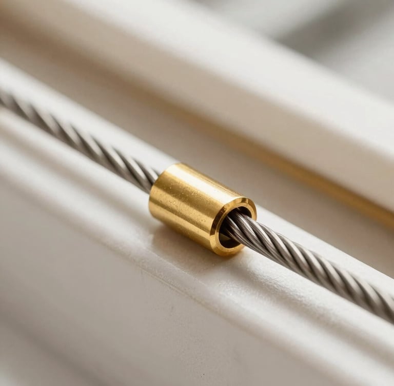 Macro detail shot of high-tensile marine-grade stainless steel tension wires and gold-accented powder-coated frame joints, sharp focus, warm editorial tone.