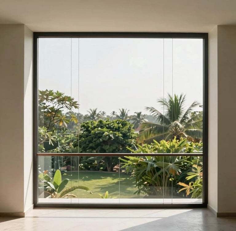 Architectural eye-level shot of a minimalist luxury villa balcony in South India, sun-drenched interior, thin high-tensile invisible grills framing a lush green landscape, bright natural daylight.