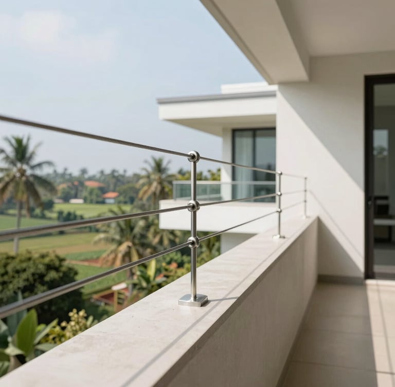 Architectural eye-level macro close-up of high-tensile stainless steel tension wires anchored into a sleek concrete balcony edge, bright natural daylight, clean minimalist luxury villa overlooking lush South Indian landscape, sharp focus.