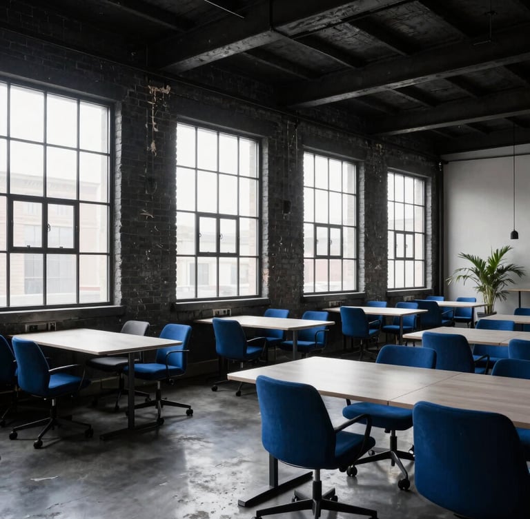 Wide shot of the interior of the Coachworks, an industrial co-working space with exposed brick, large windows, and modern office furniture, cool natural light, sharp focus, deep charcoal and electric blue tones.
