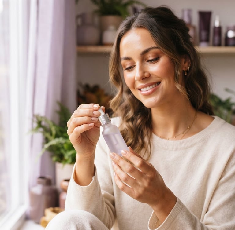 Warm editorial photography of a beauty creator holding a minimalist serum bottle under diffused window light, soft lavender shadows.
