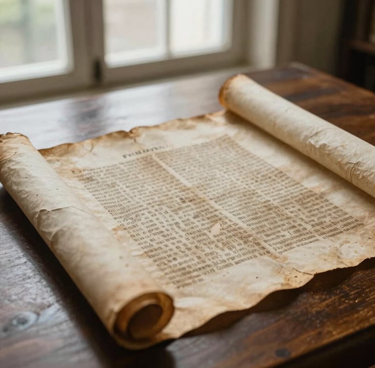Scholarly documentary photography, wide shot of an ancient, weathered parchment scroll with faded text, partially unrolled on a dark wooden table, soft natural library window light, desaturated earth tones, matte texture, historical archival feel.