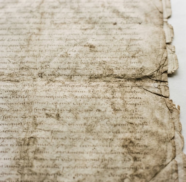 Close-up of an old, weathered archival document with faint text, illuminated by soft natural light, matte texture, desaturated earth tones, scholarly documentary photography, 35mm, bleeding to the right edge.