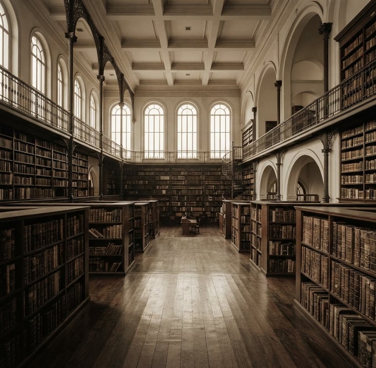 Wide panoramic shot inside an empty, historic Brazilian university library, tall wooden bookshelves, soft natural window light filtering through, desaturated sepia tones, scholarly documentary photography, matte texture, historical archival feel, 35mm, no people.