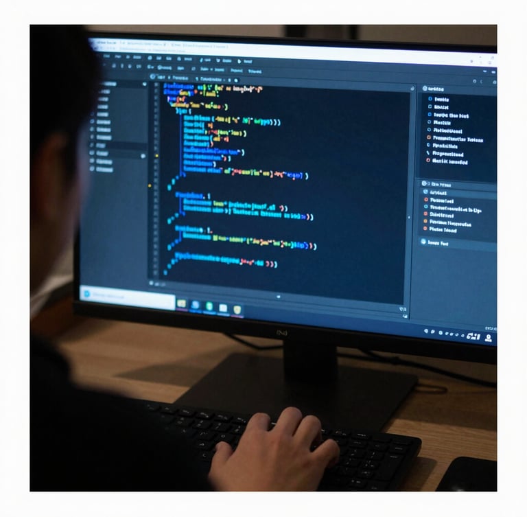 Over-the-shoulder shot of a data analyst working on a dark-themed IDE, vibrant blue code lines on screen, soft ambient screen glow, professional atmosphere, 35mm