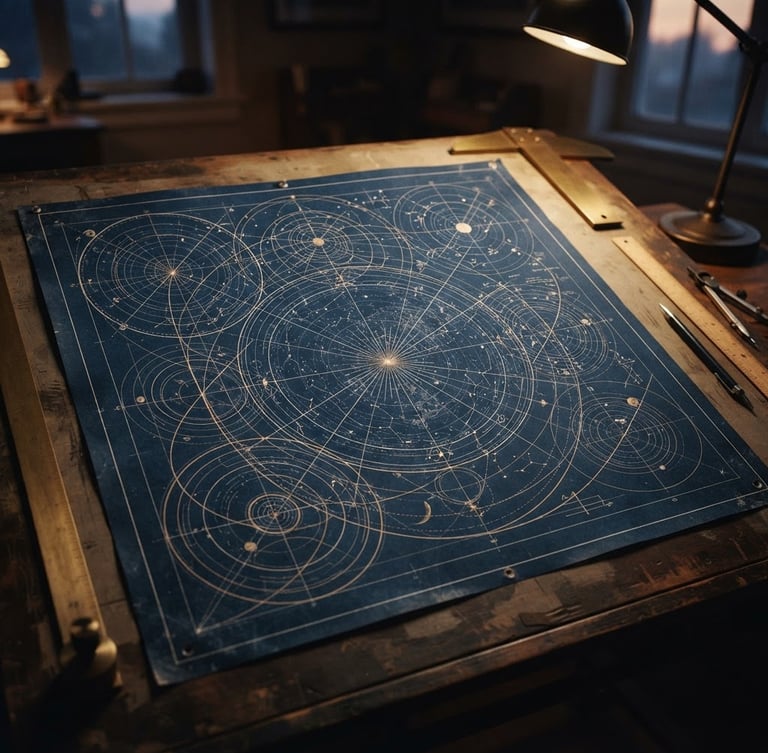 Architectural rendering of a complex astronomical chart as a technical blueprint, bathed in soft, warm interior light, deep shadows, geometric composition, 35mm.