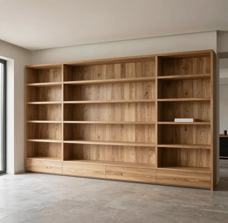 A modern, minimalist residential living room featuring custom built-in oak shelving and integrated architectural lighting. Clean structural lines, daytime.
