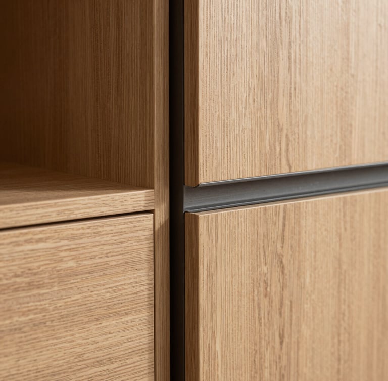 Crisp architectural detail shot of a custom oak wardrobe corner, showing a flush miter joint meeting a dark steel frame under soft natural daylight, sharp shadows, high-contrast.