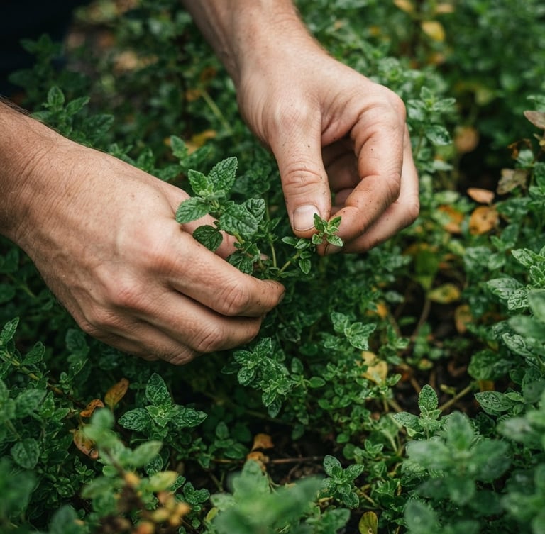 Macro shot of hands carefully harvesting delicate botanical leaves under soft, diffused overcast daylight, rich natural textures, deep green tones.