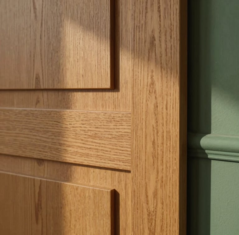 Macro studio photograph of architectural wood panel sample, showing detailed wood grain texture, warm oak tones, soft side-lighting, elegant shadow play, 35mm lens