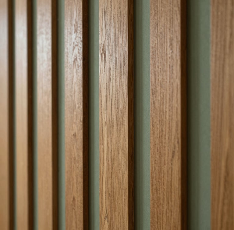Macro shot of vertical oak wood panels, soft natural side-light highlighting the 3D texture, elegant architectural interior, 35mm lens