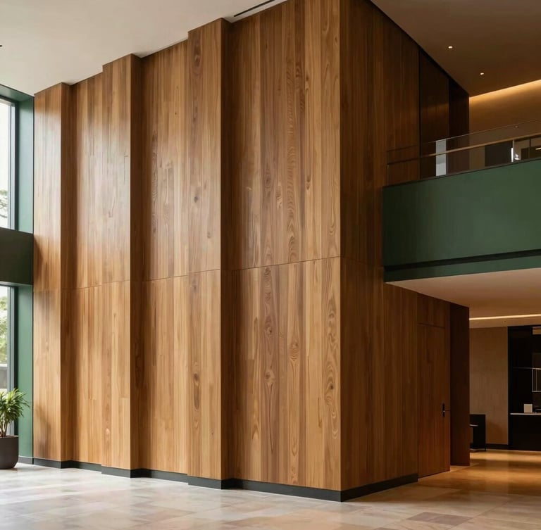 Wide-angle architectural shot of the Hotel Áurea lobby, towering vertical oak panels, soft natural side-light, elegant minimalist interior, 35mm lens