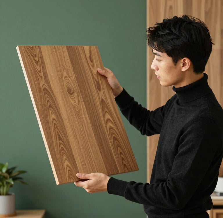 Architect in a black turtleneck holding a textured oak wood panel sample, examining the continuous grain under soft natural studio light