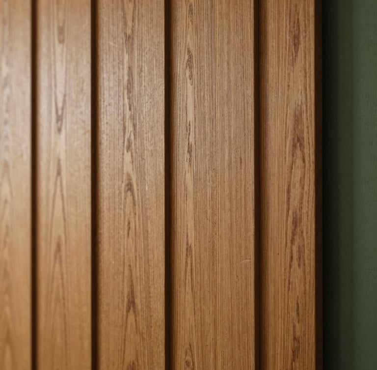 Close-up of premium vertical oak wood panels, highlighting the deep 3D texture and natural grain, soft side-lighting, warm architectural photography
