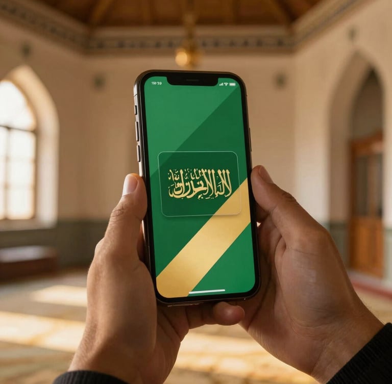 A close-up of hands holding a mobile phone displaying a digital green and gold member card with Arabic calligraphy, warm golden hour light in a wooden mosque interior.
