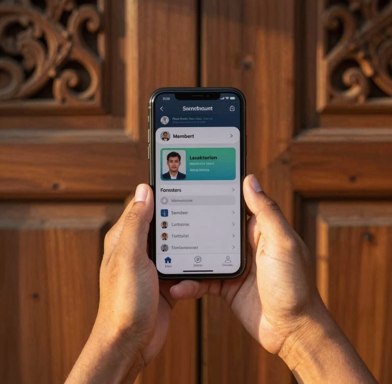 Close-up of hands holding a smartphone displaying a digital member card, warm golden hour light, traditional Javanese wooden wall background.
