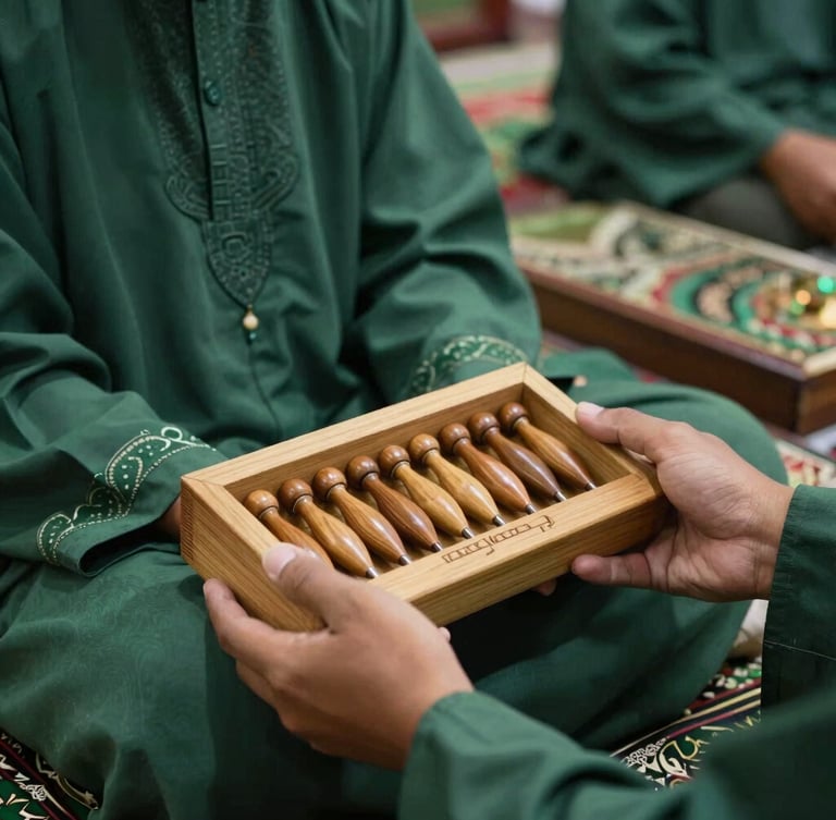 Foto dekat tangan seorang Kyai di Bawang Banjarnegara sedang memegang tasbih kayu dengan latar belakang sajadah hijau berornamen Islami