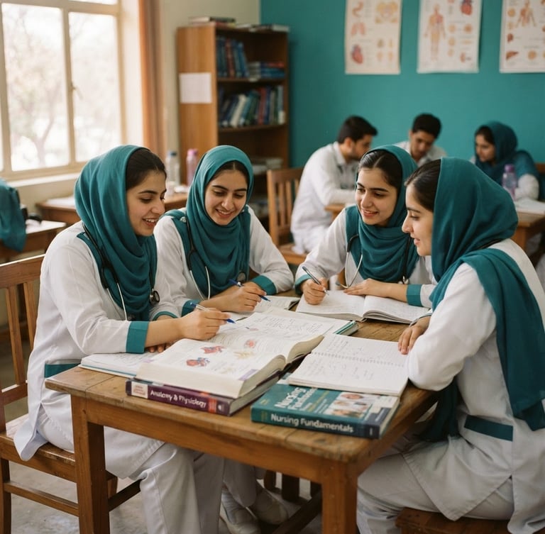 Warm academic photography of nursing students in Peshawar reviewing study notes in a bright classroom, soft natural daylight, clean teal accents, 35mm