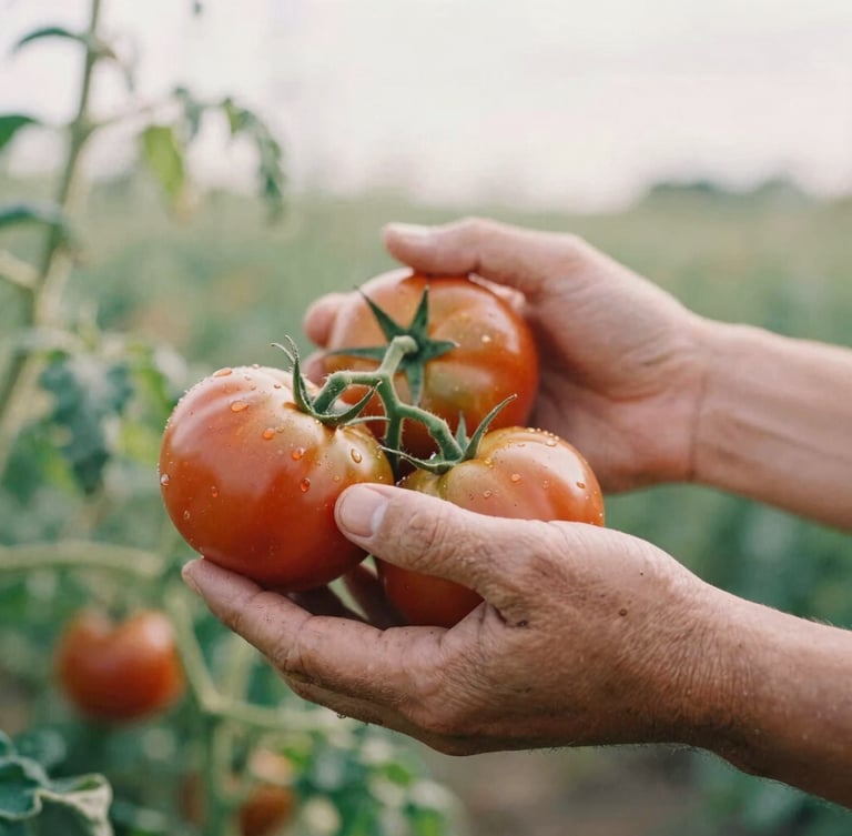 Tactile close-up of weathered hands harvesting fresh heirloom tomatoes in a sunlit field, soft overcast daylight, rich earthy tones, 35mm film aesthetic, shallow depth of field