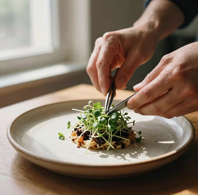 Hands of a chef carefully placing microgreens on an artisanal dish with tweezers, soft natural window light casting gentle side shadows, warm rustic ceramic plate, shallow depth of field, 35mm film aesthetic