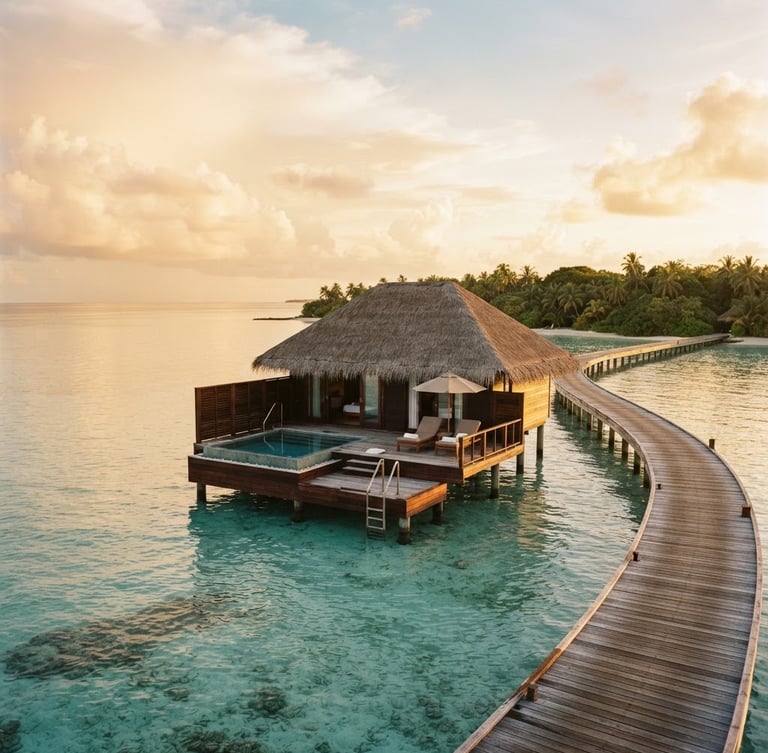 Wide shot of a luxurious overwater bungalow in the Caribbean at golden hour, turquoise waters, soft natural light, shallow depth of field, 35mm, no people, expansive sky.