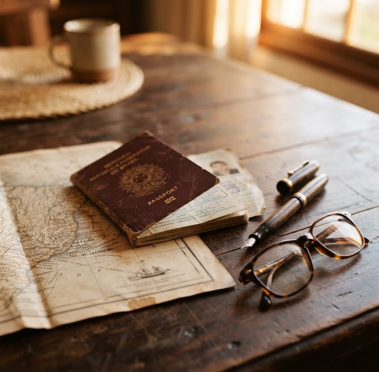 Passaporte e mapa antigo sobre uma mesa de madeira escura, com caneta e óculos, em luz dourada de fim de tarde, foco nos detalhes.
