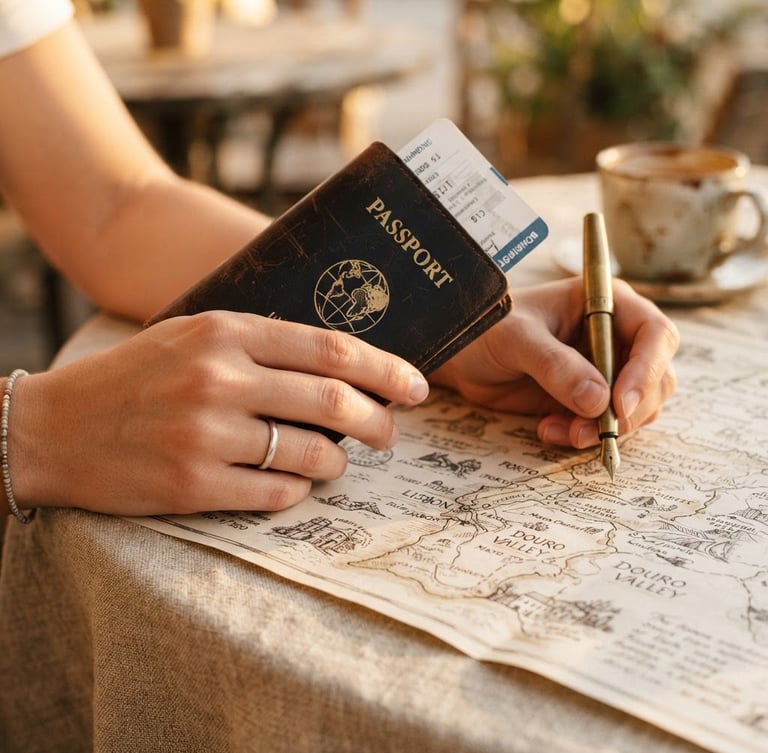 Warm editorial travel photography, close-up of a traveler's hand holding a leather passport holder and a fountain pen over a hand-drawn map on a linen table, soft golden-hour light, 35mm