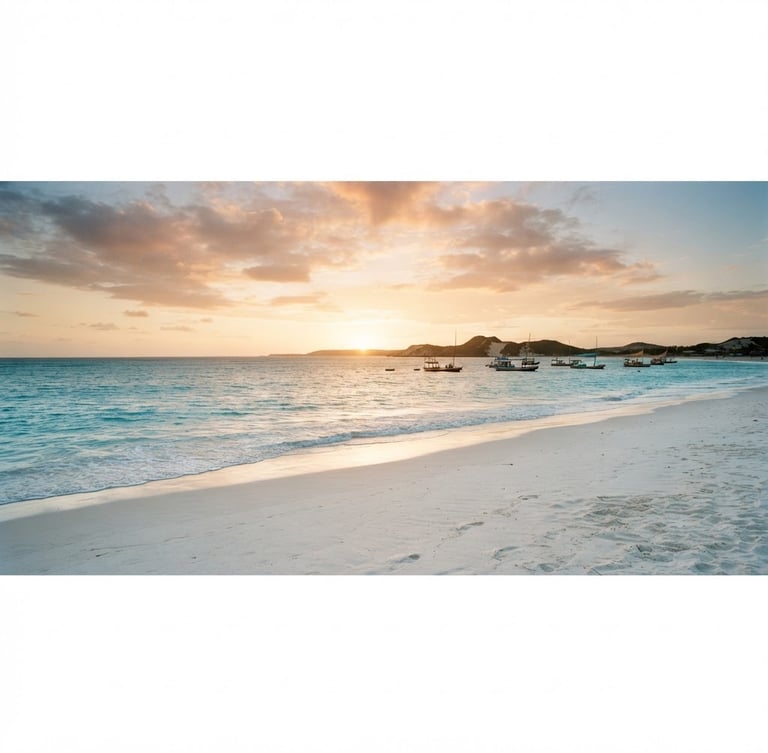 Wide panoramic view of Jericoacoara beach at golden hour, crystal clear turquoise water, white sand, and a few traditional fishing boats in the distance, soft light, low horizon.