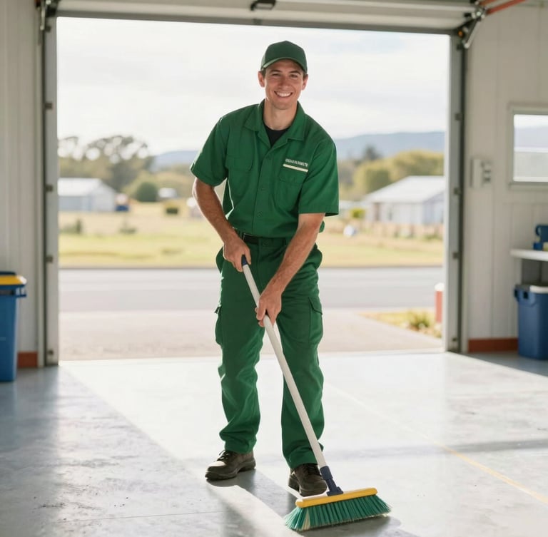 A smiling crew member in a neat forest green uniform sweeping a clean garage floor, warm natural South Georgia sunlight pouring through the door, 35mm lens