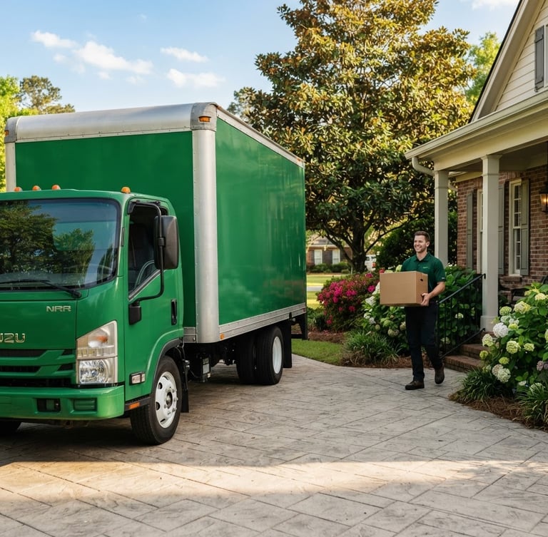 A clean, branded green moving truck parked on a sunny paved driveway in South Georgia, warm afternoon sunlight, crisp focus, professional crew member in a neat uniform smiling in the background